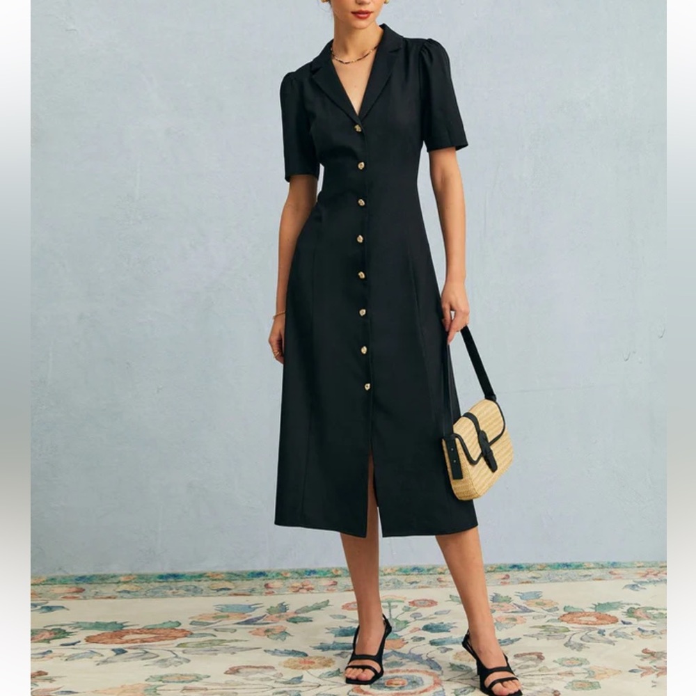 Rihoas The Black V Neck Button Puff Sleeve Midi Dress - Picture 5 of 7